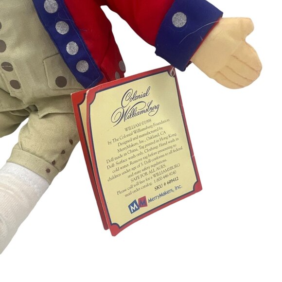 Vtg 1998 MerryMakers Colonial Williamsburg William Cloth Doll 12" Toy Has Tags - Picture 7 of 9